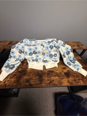 Amazon Cream and Light Blue Floral Bomber Jacket
